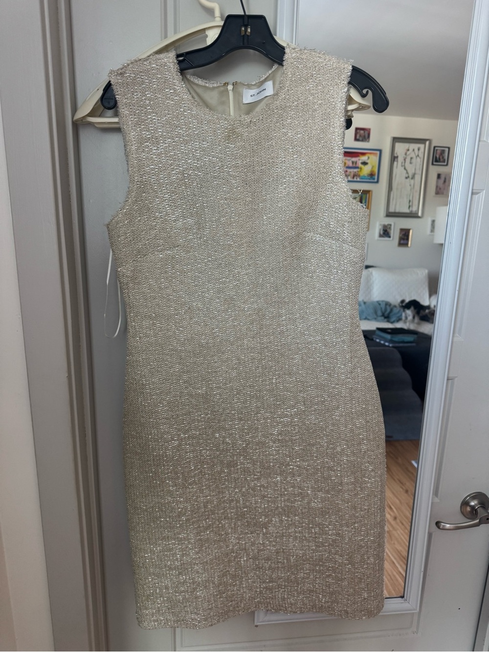 St. John Sleeveless Metallic Cream Shift Dress